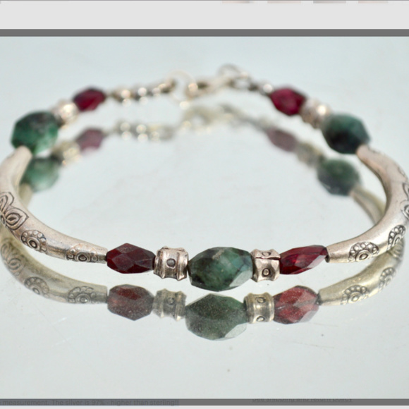 Genuine Emerald Garnet Sterling Silver Bracelet - Picture 3 of 7